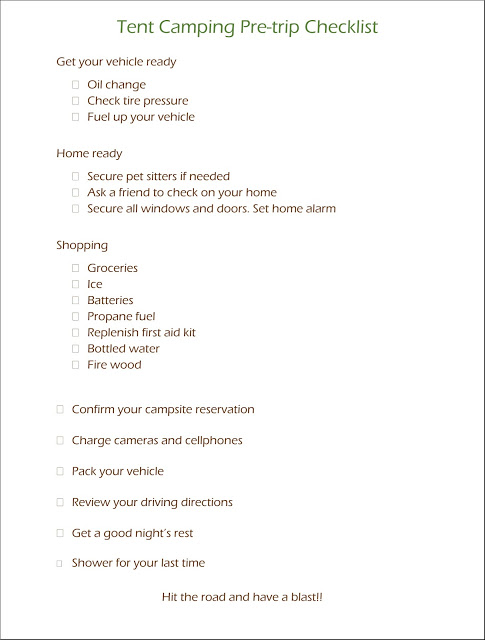 Tent Camping Pre-trip Checklist camping check list