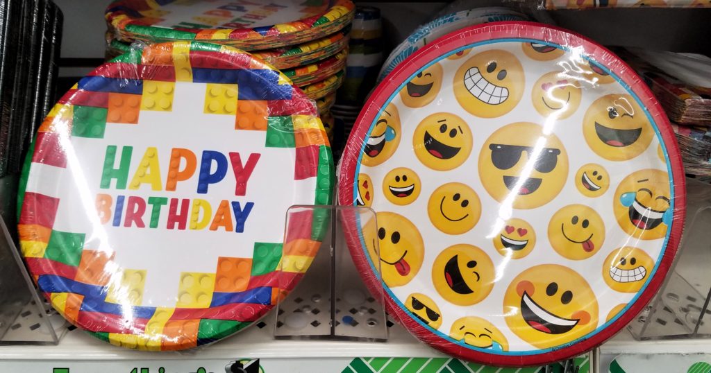 dollar store finds lego and emoji party plates