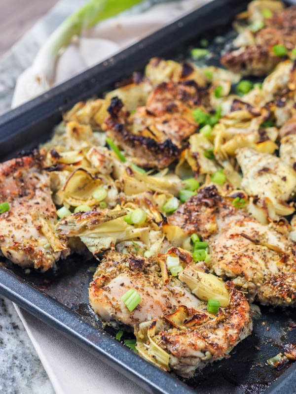 Avocado Pesto Artichoke-and-Garlic-Broiled-Chicken-Thighs-DF